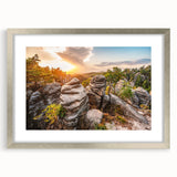 Extra large abstract art print of colorful, textured scenery depicted in a silver-framed mat, ideal for living room decor.