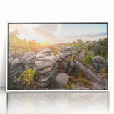 Mid-century modernist art depicting a serene Czech Republic landscape in muted green and blue tones.