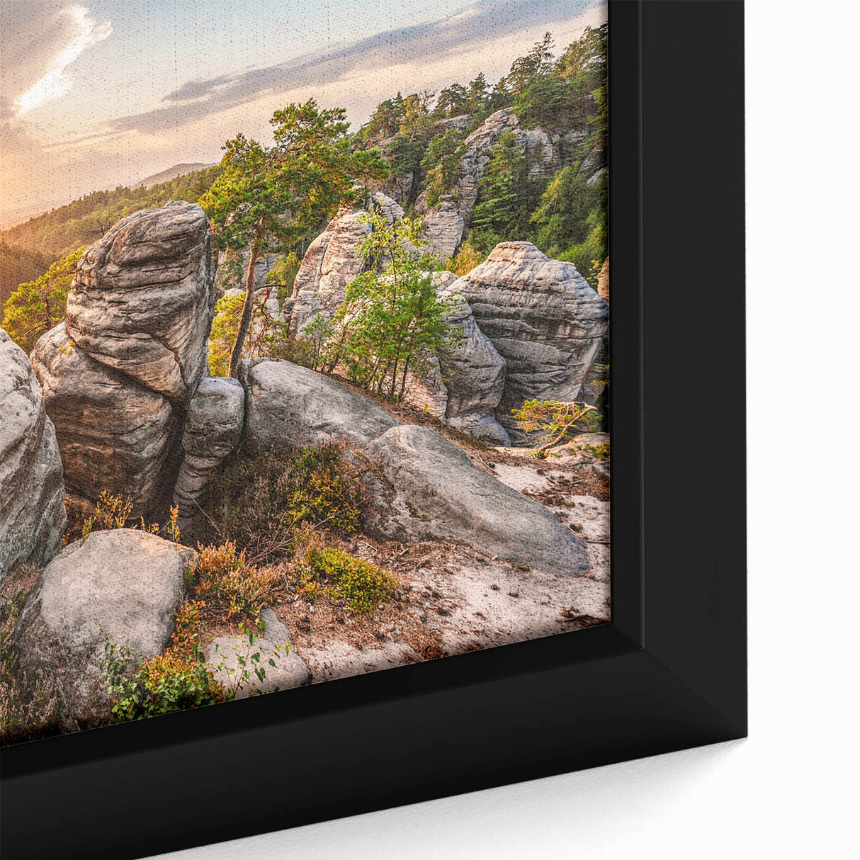 Extra large framed canvas of a textured, colorful Prague cityscape in muted grey with vibrant accents.