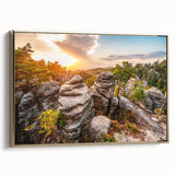 Framed canvas featuring a vintage-style landscape painting of a Czech Republic scenery, with muted earth tones.