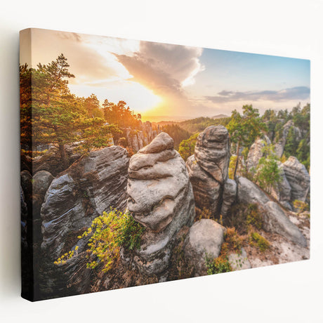 Side view of a stretched canvas featuring a scenic depiction of a Czech Republic landscape, ideal for kitchen wall art.