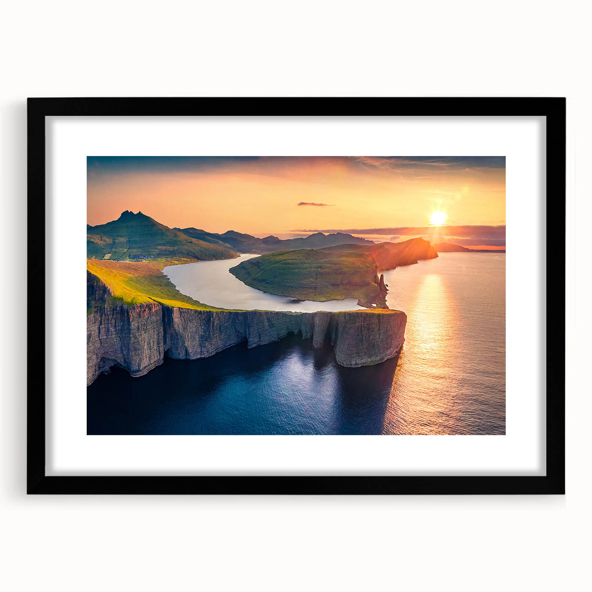 Extra large abstract art print depicting a colorful, textured European scenery, framed in black, ideal for living room decor.