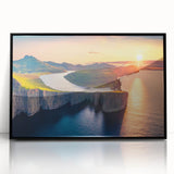 Large abstract wall art depicting a European Denmark scenery in mid-century modernist style, framed in black acrylic.