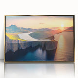 Art deco poster depicting a serene European scenery in muted gold and blue tones, acrylic print framed.