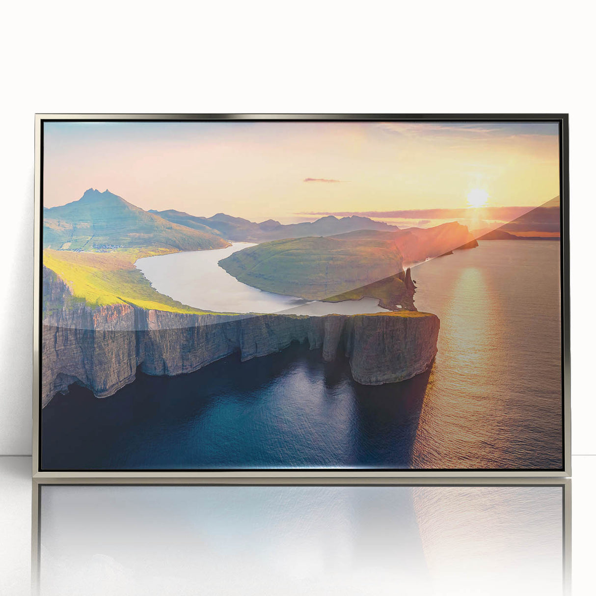 Large art print of a European Denmark scenery in muted colors, framed in silver acrylic, ideal for modern nursery wall decor.