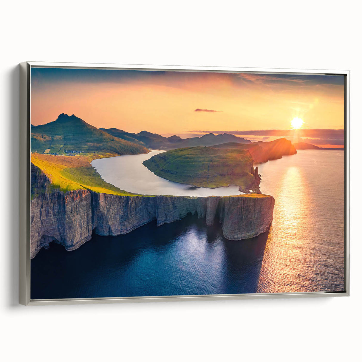 Framed canvas featuring a vintage-style landscape art painting of a scenic Denmark view in muted colors.