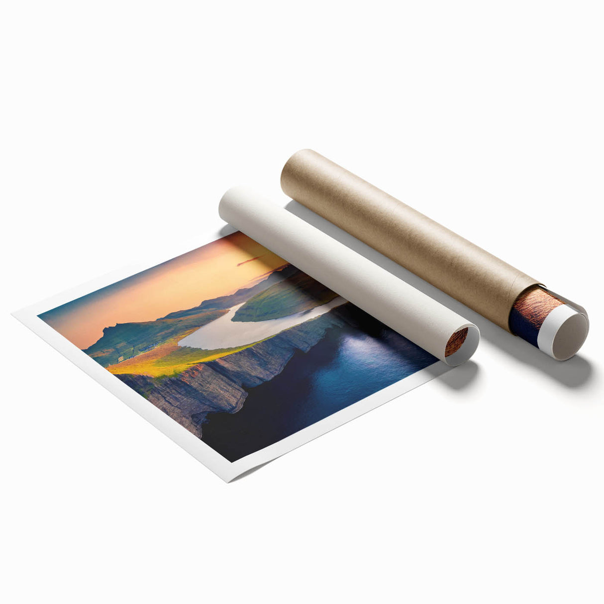 Extra large rolled print of a Danish landscape with soft floral motifs in muted earth tones.