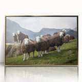 Art deco poster of Cumbria landscape in muted green and gold tones, framed acrylic, ideal for modern art wall decor.