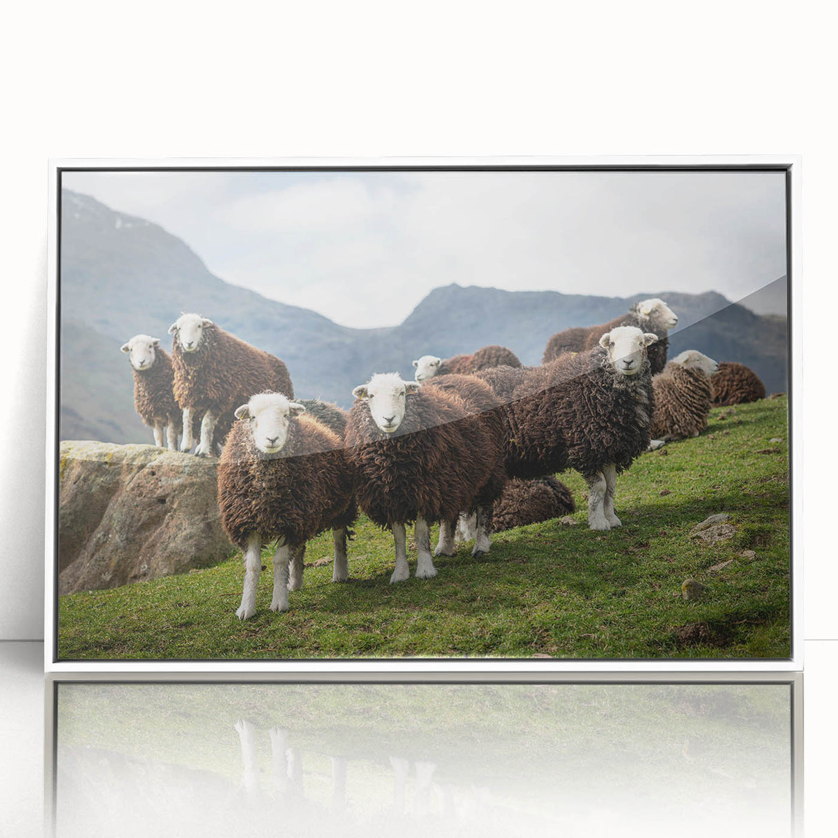 Mid-century modernist art of Cumbria landscape in muted earth tones on a white framed acrylic, suitable for nursery wall art.