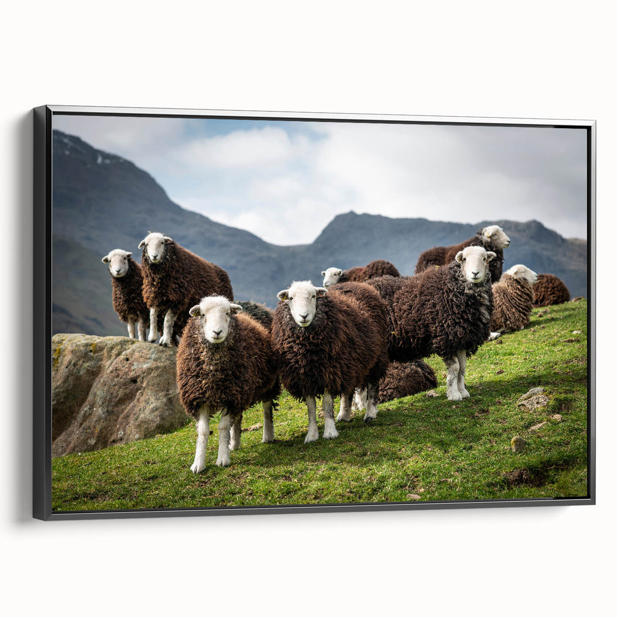 Black and white wall art featuring a serene Cumbria landscape on framed canvas, ideal for bedroom ambiance.
