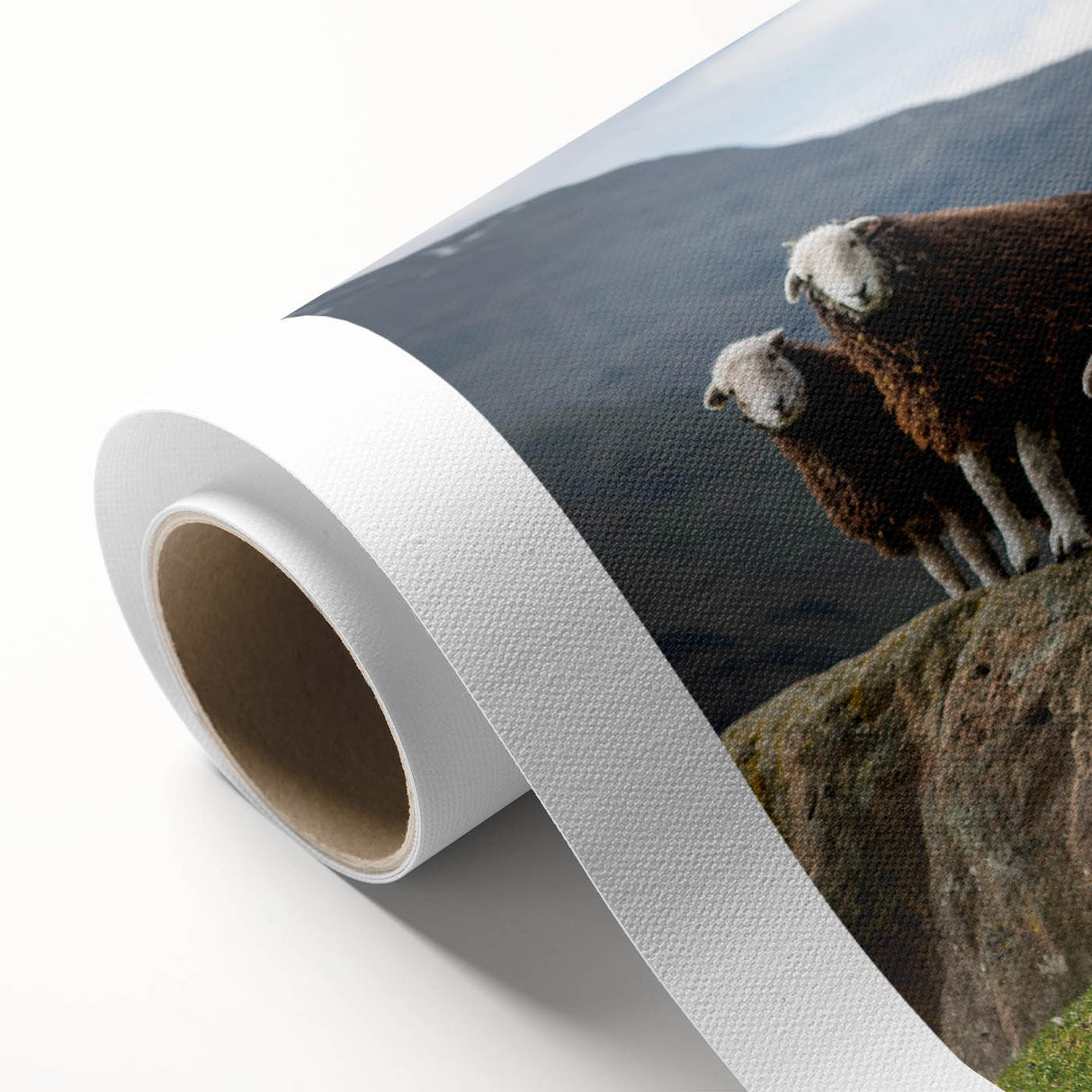 Art deco poster of Cumbria landscape in pastel shades on rolled canvas, suitable for nursery wall art.