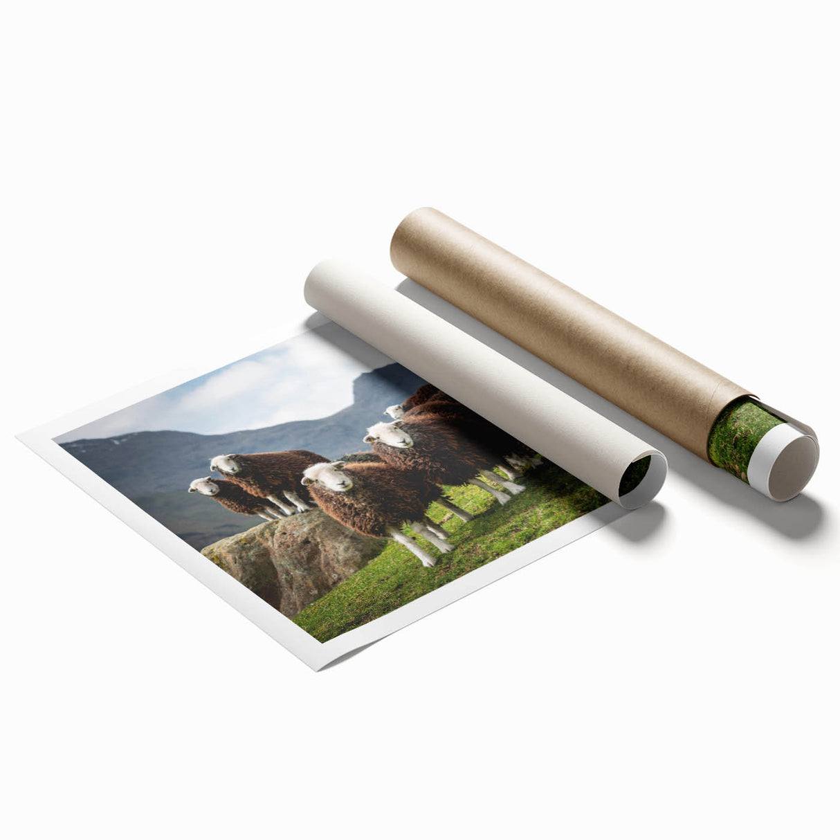 Extra large rolled print depicting a serene Cumbria landscape with floral foreground in soft green and blue tones.