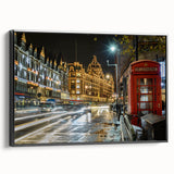 Black and white vintage poster art of London landscape on framed canvas, suitable for bedroom decor.