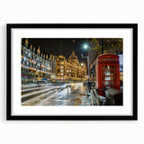 Abstract art print of London scenery in vibrant colors on a large framed canvas, ideal for living room decor.