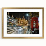 Extra large abstract art print of London scenery in gold frame, ideal for living room decor.