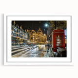 Abstract art print of London skyline in muted gray and blue tones on a framed white mat, suitable for dining room decor.