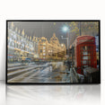 Large abstract wall art depicting London's skyline in muted gray and blue tones, framed in black acrylic.