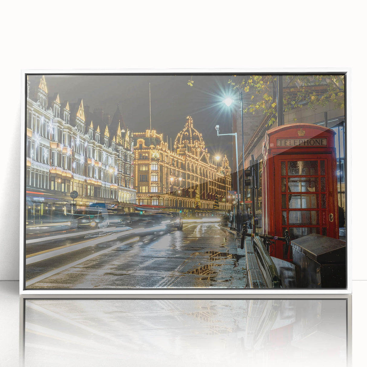 Mid-century modernist art depicting London's iconic landmarks in muted colors on a framed acrylic.