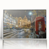 Mid-century modernist art depicting London's iconic landmarks in muted colors on a framed acrylic.