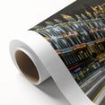 Art deco poster of London scenery on rolled canvas, featuring pastel shades, ideal for nursery wall art.