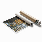 Extra large rolled print of London scenery with muted floral elements, ideal for classy bathroom wall art.