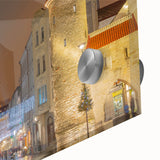 Large abstract wall art depicting a European scenery in muted earth tones on acrylic glass.