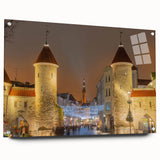 Large abstract wall art of a European landscape in muted colors on acrylic glass, suitable for bedroom or dining room decor.