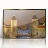 Art deco poster of a European scenery, framed in gold acrylic, ideal for nursery wall decor.