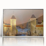 Mid-century modernist art of a European Estonian landscape in pastel colors on a white framed acrylic.