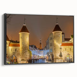 Black and white framed canvas of a vintage European landscape, ideal for bedroom wall decor.