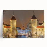 Large black and white stretched canvas of a European cityscape, ideal for kitchen wall art.