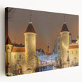 Side view of a large canvas print featuring a European Estonian landscape in muted green and blue tones.