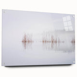 Large abstract wall art of a European Finnish landscape in muted green and blue tones on acrylic glass.