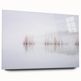 Large abstract wall art depicting a serene Finnish landscape in muted blues and greens, printed on acrylic glass.