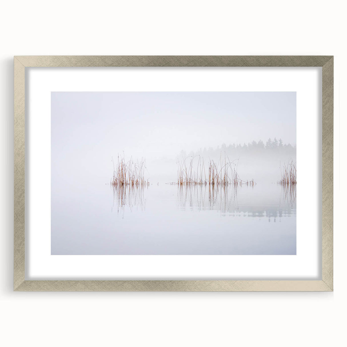 Extra large abstract art print of a textured Finnish landscape in muted earth tones, framed in silver.