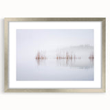Extra large abstract art print of a textured Finnish landscape in muted earth tones, framed in silver.