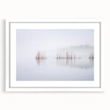 Textured abstract art print depicting a serene Finnish landscape in muted earth tones, framed with a white mat.