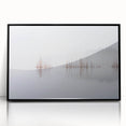 Large abstract wall art depicting a serene Finnish landscape in muted gray and blue tones, framed in black acrylic.