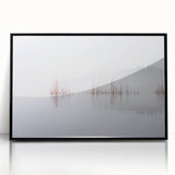 Large abstract wall art depicting a serene Finnish landscape in muted gray and blue tones, framed in black acrylic.