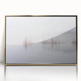 Acrylic print of a serene Finnish landscape in art deco style, framed in gold.