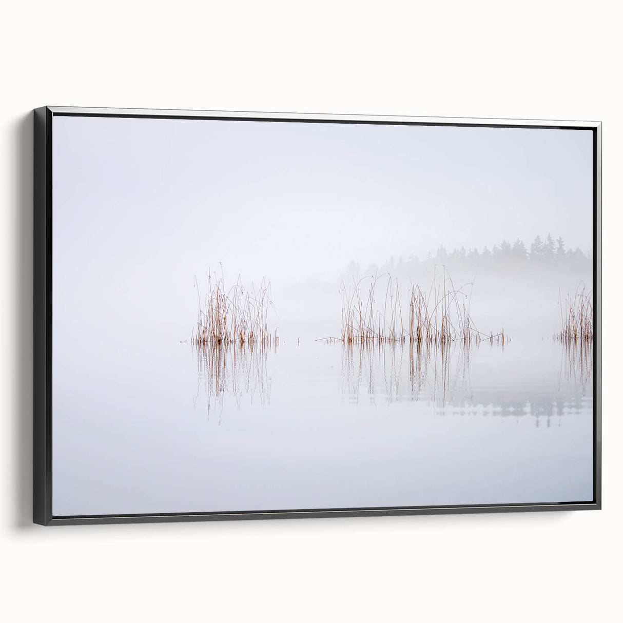 Black and white framed canvas featuring a vintage-style landscape painting of a serene Finnish scenery.
