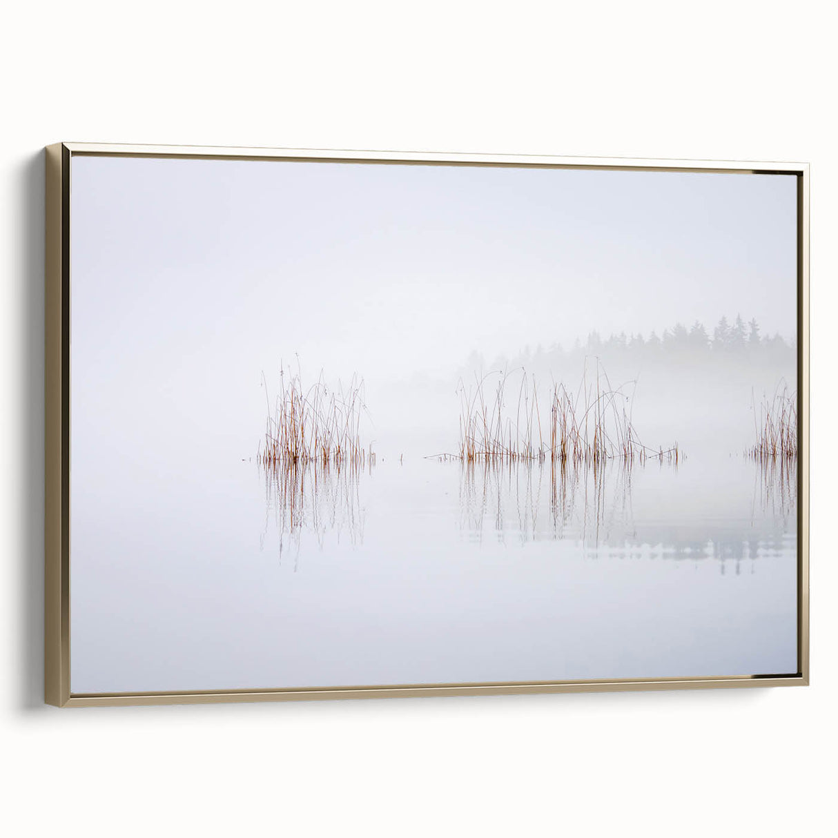 Framed canvas featuring a vintage-style landscape painting of a serene Finnish scenery in muted gold and black tones.