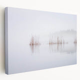 Large art depicting a serene Finnish landscape on stretched canvas, with muted green and blue tones.