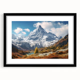 Extra large framed wall art depicting an abstract colorful art scene of the French Alps, perfect for living room decor.