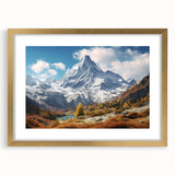 Abstract art print of the French Alps in muted blue and white tones, framed with a gold mat, ideal for dining room decor.