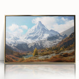 Acrylic print of the French Alps in muted green and blue tones, framed in gold, suitable as modern art wall decor.