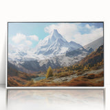 Mid-century modernist art depicting the French Alps in muted earth tones on a framed acrylic.