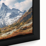Black wall art depicting the French Alps with textured, colorful details on a framed canvas, ideal for living room decor.