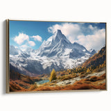 Framed canvas depicting a vintage-style landscape of the French Alps in muted gold and black tones.