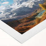 Art deco poster featuring the French Alps in muted blue and white tones on rolled canvas, ideal for dining room decor.